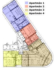 Plánek apartmánůp v pátém patře budovy na Josefské.